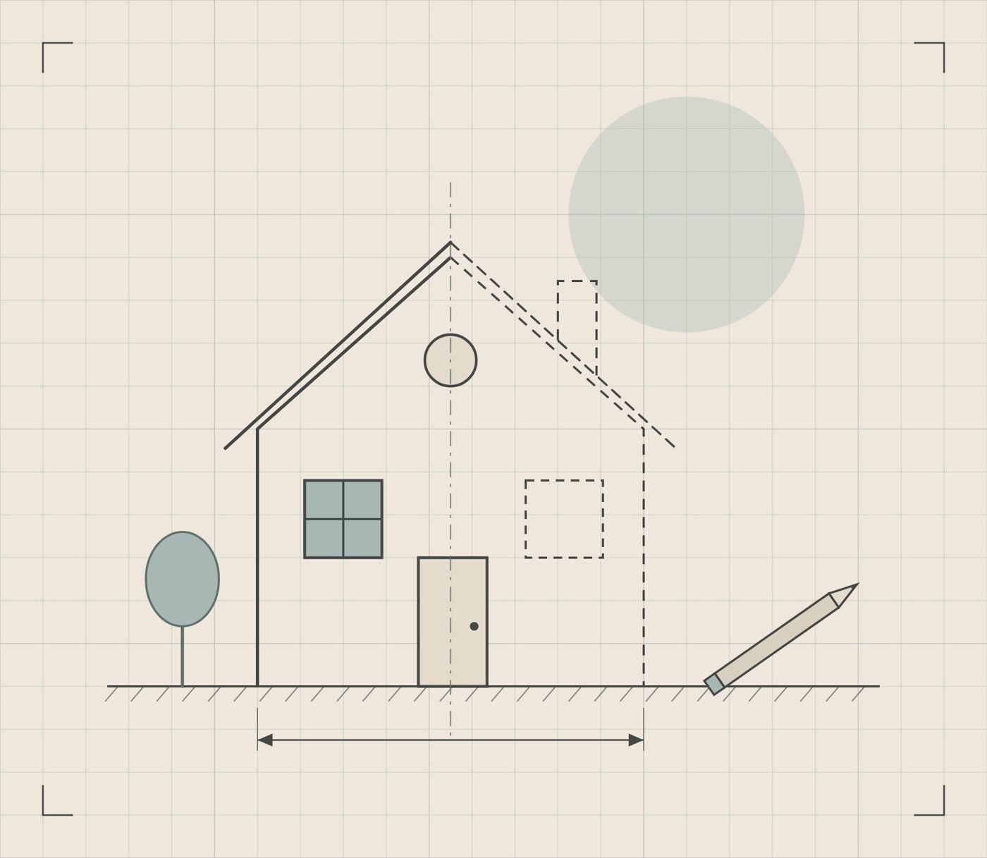 Blueprint-style drawing of a house on graph paper, half finished and half sketched in, with a pencil beside it
